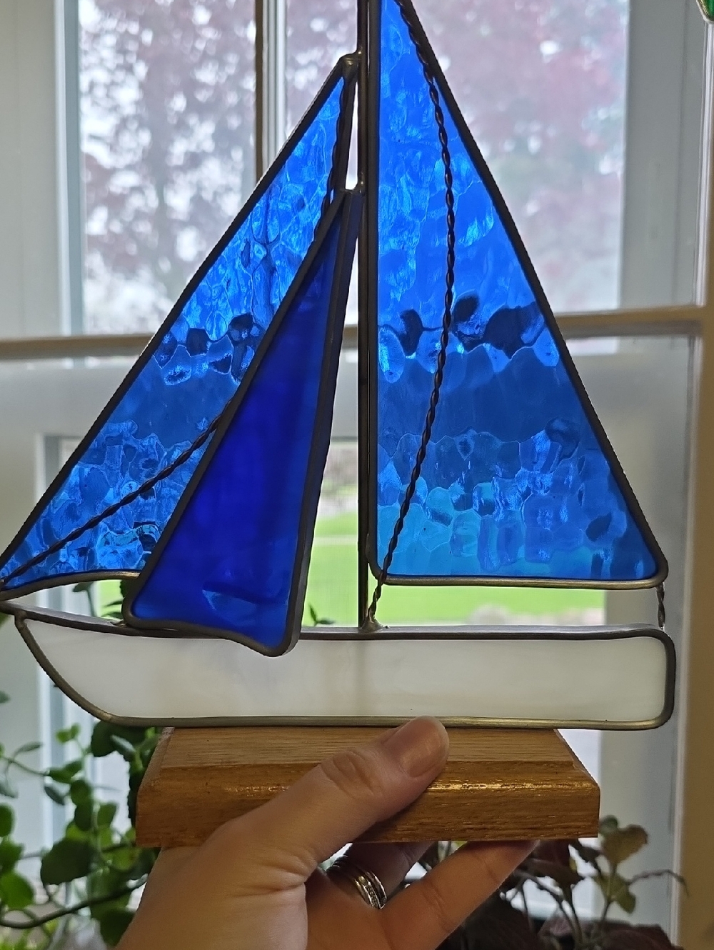Stained Glass Sailboat Decorative Accent - Blue & White
